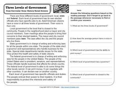 the three levels of government worksheet with answers and answer sheet for students to use