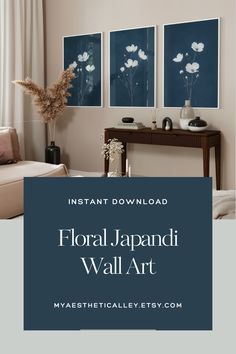 A set of three minimalist Japandi wall art prints showcasing delicate Japanese cherry blossoms against a refined indigo blue background. This timeless floral design, inspired by Japandi aesthetics, is available in standard sizes for effortless printing and decor enhancement. Create a calm and sophisticated ambiance in any room with this elegant artwork.