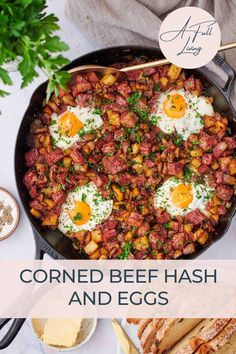 corned beef hash browns and eggs in a cast iron skillet with text overlay