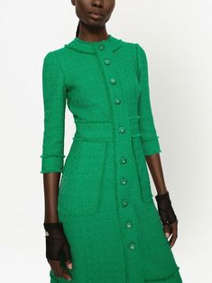 Dolce & Gabbana button-front crew-neck Dress - Farfetch Tweed Midi Dress, Elegant Silk Dresses, Short Green Dress, Tailored Clothes, Dolce Gabbana Dress, Fabulous Clothes, Satin Midi Skirt, Crewneck Dress, Tweed Dress