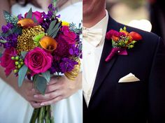 the bride and groom are dressed in black tuxedos with red, orange, yellow and purple flowers