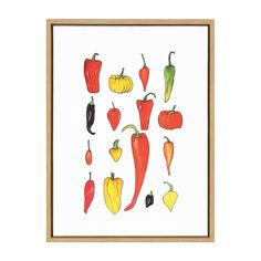 an art print with peppers in different colors and sizes on white paper, hanging from a wooden frame