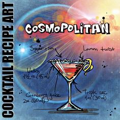 a drawing of a cocktail glass with the names of its ingredients in front of it