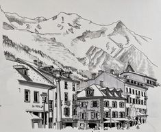 a drawing of a town with mountains in the background