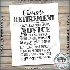 a printable poster with the words cheers to retirement advice