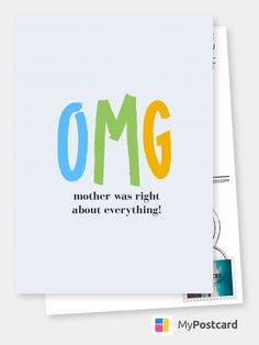 a card with the words omg written in multicolored letters on white paper