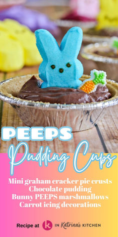 Blue bunny peep sitting in chocolate pudding mini pie tin with a candy carrot decoration Peeps Dessert, S'mores Pie, Easter Foods, Smores Pie, Candied Carrots, Easy Easter Treats, Easter Pudding, Best Christmas Recipes, Easy Party Food