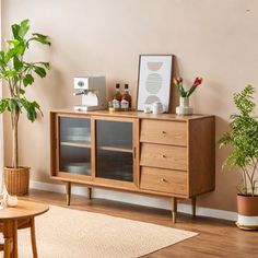 a living room with a wooden cabinet and potted plants