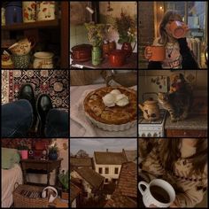 a collage of pictures showing different things in the house, including coffee and pie