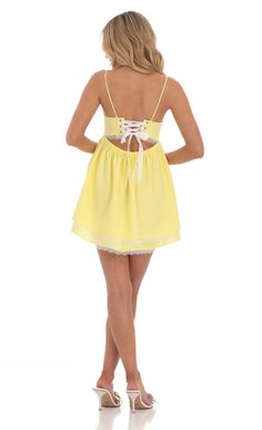 Gingham Lace Babydoll Dress in Yellow | LUCY IN THE SKY Yellow Plaid Dress, Lace Babydoll Dress, Upf Clothing, Yellow Mini Dress, Lucy In The Sky, Casual Day Dresses, Chambray Top, Lace Babydoll, On The Menu