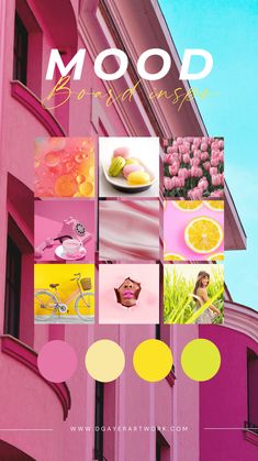 the cover of mood magazine, featuring pink and yellow colors with different pictures on it