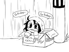 a drawing of a box with a cartoon character inside it and an empty sign above the box that says go to sleep