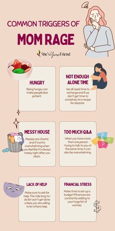 an infographic showing common triggers of mom rage including hungry not enough alone time messy house too much Q and A lack of help and financial stress Healthy Parents, Rage Cleaning, Mom Rage Quotes, Mom Rage, Fun Mom, Mom Truth