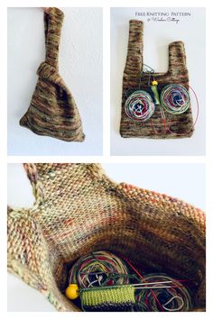 the bag is made out of yarn and has two handles, one with buttons on it