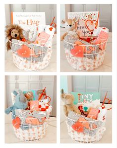 four pictures of a basket filled with books and stuffed animals