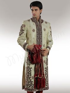 Designer Cream Brocade Sherwani Indian Groom Wear, Muslim Dresses, Mens Sherwani, Wedding Outfit Men, Indian Groom, Muslim Dress, Groom Wear, Islamic Clothing, Sherwani