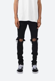 X1 Stretch Denim - Black | mnml | shop now Ripped Dark Wash Jeans For Streetwear, Black Ripped Jeans For Streetwear, Ripped Washed Black Cotton Jeans, Urban Washed Black Jeans With Frayed Hem, Black Ripped Cotton Jeans, Urban Fitted Jeans With Frayed Hem, Edgy Ripped Washed Black Jeans, Edgy Distressed Jeans For Streetwear, Edgy Distressed Black Jeans