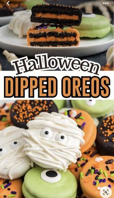 halloween desserts are displayed on plates with sprinkles and frosted oreos