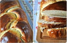 two pictures of bread on a cutting board