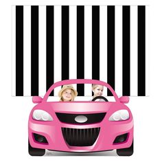 two women in a pink car with black and white stripes on the wall behind them