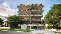 an artist's rendering of a multi - story building with plants growing on the balconies