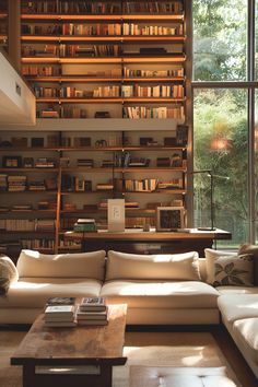 a living room filled with lots of furniture and bookshelves next to a window