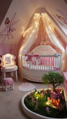 a pink and white baby's room decorated with fairy lights