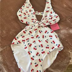 Nwt Kate Spade Cherry One Piece Swimsuit Size Small Red Cherry Print Swimwear For Spring, White Kate Spade Swimwear For Spring, White Swimwear For Spring Holiday, Fitted White Swimwear For Holiday, Tank Swimsuit, White Bandeau, High Neck One Piece, Bandeau One Piece Swimsuit, Halter One Piece Swimsuit