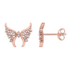 Add a touch of sweetness to your wardrobe with these diamond-encrusted Irena Park rose gold tone sterling silver butterfly stud earrings. Add a touch of sweetness to your wardrobe with these diamond-encrusted Irena Park rose gold tone sterling silver butterfly stud earrings. Length: 0.492 in. Backings: post Nickel free Metal: sterling silver Finish: polished Packaging: boxedDIAMOND DETAILS Total weight: 1/5 ct. Color grade: I, J Clarity grade: I2, I3 Shape: round Setting: prong Diamond weights are approximate. Diamond Total Weights may vary between .01 and .13 ct. Some diamonds consist of fewer than 17 facets. Gemstones may have been treated to enhance their appearance. Special care may be required. Please visit our Gemstone Treatment & Special Care Guide for more information. Image(s) may Butterfly-shaped Cubic Zirconia Earrings For Formal Occasions, Butterfly Cubic Zirconia Earrings For Formal Events, Butterfly Cubic Zirconia Earrings For Formal Occasions, Formal Butterfly Cubic Zirconia Earrings, Formal Butterfly-shaped Cubic Zirconia Earrings, Elegant Wing-shaped Cubic Zirconia Jewelry, Butterfly Shaped Diamond Jewelry In Rose Gold, Rose Gold Diamond Butterfly Jewelry, Elegant Butterfly Earrings With Diamond Accents