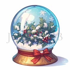 a snow globe with holly and berries inside