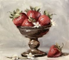 a painting of strawberries in a bowl on a table