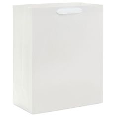 a white paper bag with a handle on the front and bottom, isolated against a white background