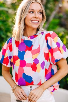 Light up any room with our Bright Future Fuchsia Pink Abstract Blouse! It's the perfect fashion statement, packed with a colorful, abstract print and chic style to boot! Its puff sleeves will also have you feeling fabulously feminine too. This blouse features short puff sleeves, a round neckline, and an abstract print.  Material has no amount of stretch.Cam is wearing the small. Floral Cocktail Dress, Black Tie Dress, Long Sleeve Outerwear, Two Piece Swimwear, Pink Abstract, Friend Outfits, Bright Future, Fuchsia Pink, Romper With Skirt