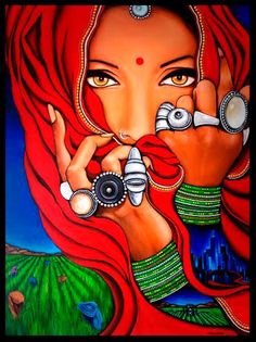 a painting of a woman with red hair holding her hands to her face and looking at the camera