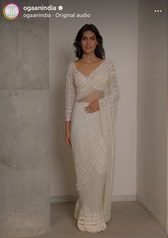 White Saree For Engagement, White Saree With Pearls, Off White Saree Look, White Designer Blouse, White Sequin Saree, White Designer Saree, Pearl Saree, White Saree Wedding, White Saree Blouse