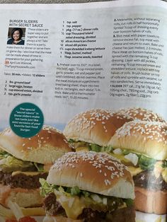 an open magazine with three hamburgers on it