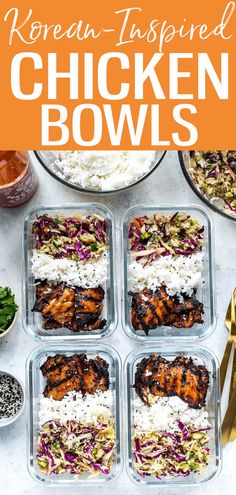 chicken bowls with rice and coleslaw in them on a white countertop next to goldware