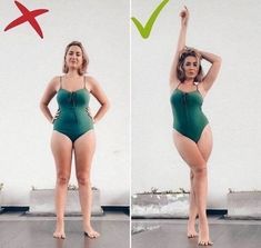 a woman in a green swimsuit standing next to a white wall and showing off her body