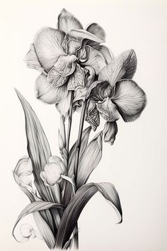 a black and white drawing of some flowers