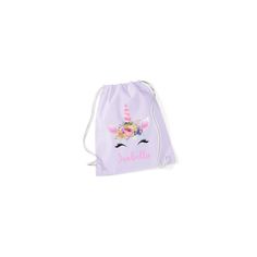 a drawsack bag with an unicorn face on the front and name written in pink