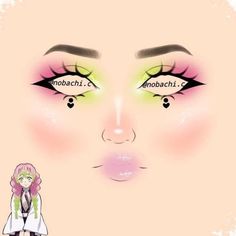 Makeup Ideas Drawing Base, Demon Slayer Mitsuri Makeup, Anime Eyeshadow Looks, Mitsuri Eye Makeup, Mitsuri Inspired Makeup, Manga Makeup Anime, Mitsuri Kanroji Inspired Outfit, Demon Slayer Eye Makeup, Mitsuri Makeup Look