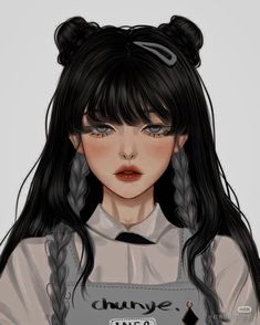 a drawing of a girl with long black hair wearing an apron and buns on her head