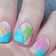 Summer Nails Painted, Seaside Nail Art, Beach Theme Nail Art, Kids Beach Nails, Beach Nails For Kids, Sea Life Nails, Cute Summer Beach Nails, Starfish Nails Beach Themes, Kids Summer Nails