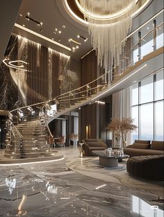 an elegant living room with marble floors and chandelier hanging from the ceiling above