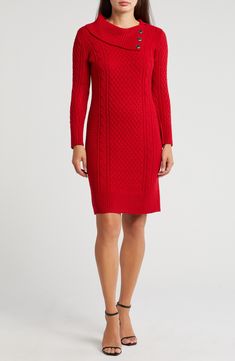 Chunky cable stitches add touchable texture to a sweater-dress framed with an asymmetric neckline and long sleeves. 37 1/2" length Asymmetric neck Long sleeves Unlined 100% acrylic Machine wash, dry flat Imported Model stats: 5'10" height, 32" bust, 25" waist, 36" hip. Model is wearing size Small. Ruby Red Color, Red Sweater Dress, Cowl Neck Sweater Dress, Red Fits, Daytime Dresses, Long Sleeve Sweater Dress, Sweaters And Leggings, Cowl Neck Sweater, Ruby Red