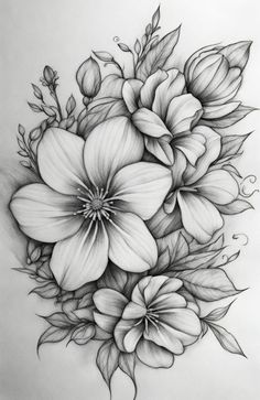 a pencil drawing of flowers with leaves