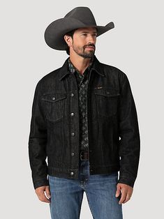 Wrangler Rip Sherpa Jacket Black Denim Cowboy Cut 100% Cotton Western Style Dark Wash Outerwear With Pockets, Western Denim Jacket With Pockets For Winter, Western Long Sleeve Denim Outerwear, Western Style Long Sleeve Denim Outerwear, Western Style Long Sleeve Denim Jacket For Winter, Denim Jacket With Pockets For Rodeo, Western Style Long Sleeve Denim Jacket, Black Obelisk, Denim Cowboy