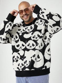 Plus Size Men's Animal Pattern Knit Round Neck Loose Fit Long Sleeve Sweater, Black & Beige Black Casual  Wrist-Length Sleeve Knitwear Animal,Cartoon,All Over Print Pullovers Slight Stretch  Men Plus Size Clothing, size features are:Bust: ,Length: ,Sleeve Length: Graphic Knit Sweater, Plus Size Pullover, Half Sleeve Shirts, Cropped Leather Jacket, Men Plus Size, Animal Cartoon, Mens Short Sleeve Shirt, Short Sleeve Cardigan, Plus Size Sweaters