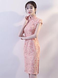 Formal Casual, Cheongsam, One Piece Swimwear, Pink Lace, Shoulder Length, Stand Collar, Split, Lingerie, One Piece