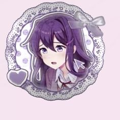 an anime character with purple hair and blue eyes in front of a white plate that says i love you